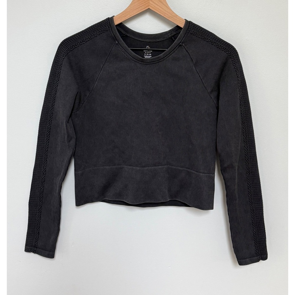OFFLINE by Aerie Ribbed Seamless Cropped Long Sleeve Top Washed Black‎ XL